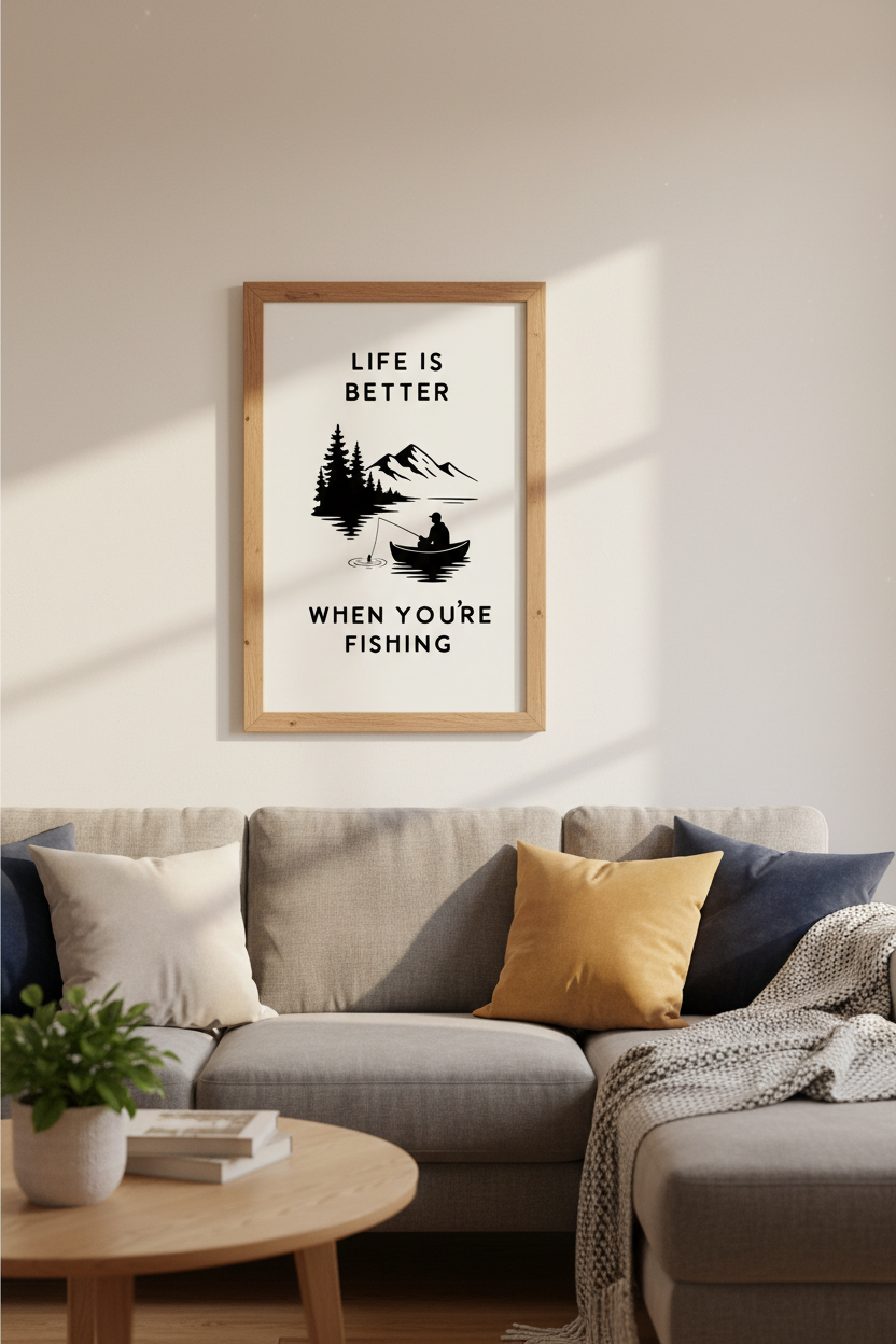 Fishing Life Quote Art | Minimalist Cabin Decor, Mountain Lake Poster