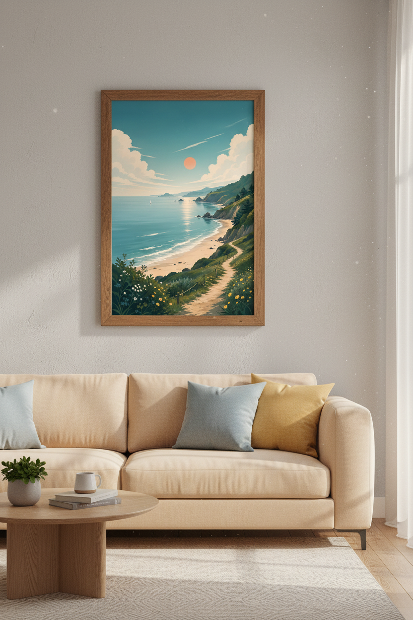 Coastal Landscape Wall Art Print | Minimalist Ocean Decor | Pastel Beach Poster
