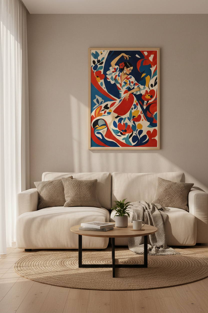 Flamenco Dancer Wall Art | Spanish Floral Paint Poster, Living Room Decor