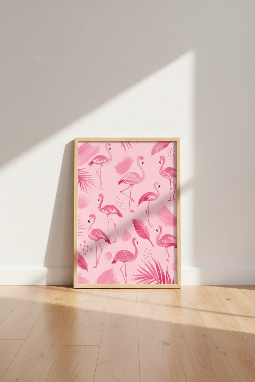 Pink Flamingo Tropical Art | Painted Palm Leaf, Nursery Bathroom Decor Poster