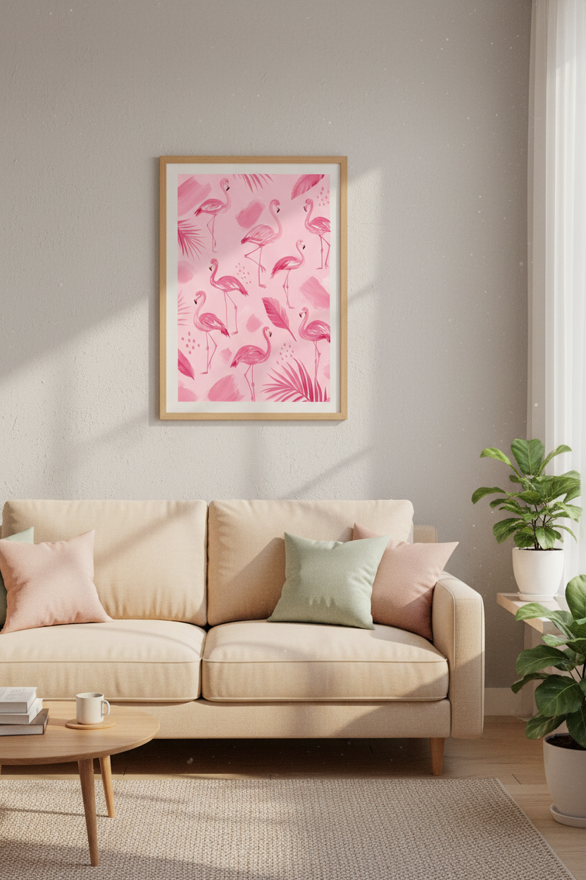 Pink Flamingo Tropical Art | Painted Palm Leaf, Nursery Bathroom Decor Poster