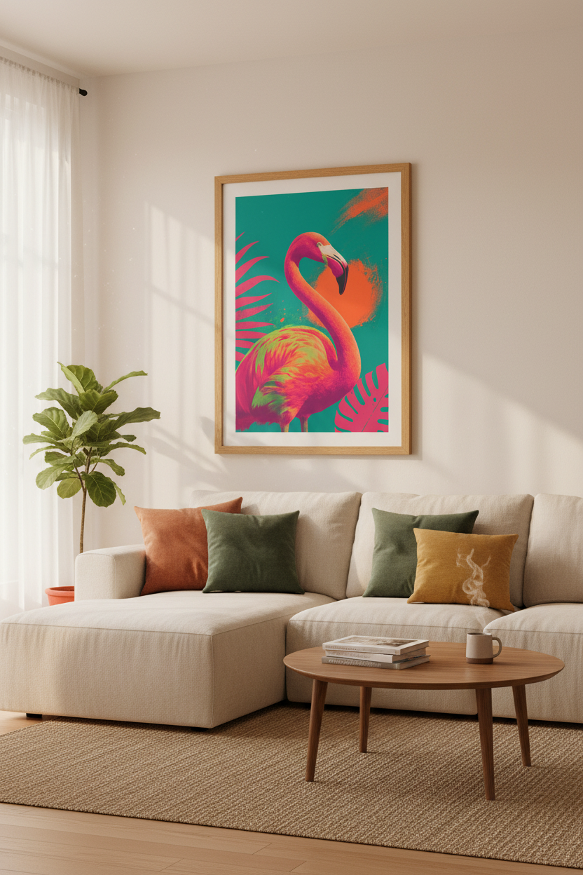 Pink Flamingo Wall Art | Modern Tropical Teal & Orange Poster | Eclectic Home Decor