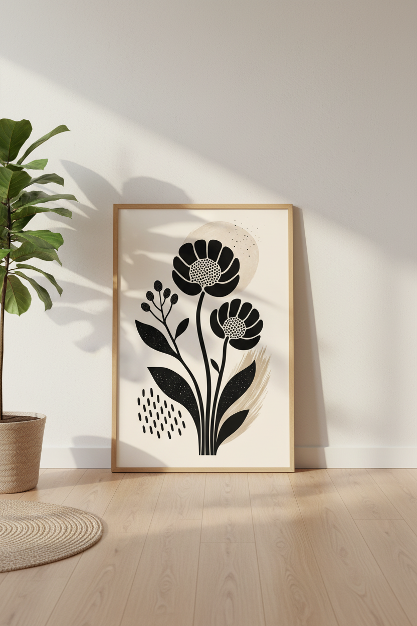 Abstract Botanical Flower Art Print | Neutral Beige & Black Poster | Modern Boho Decor