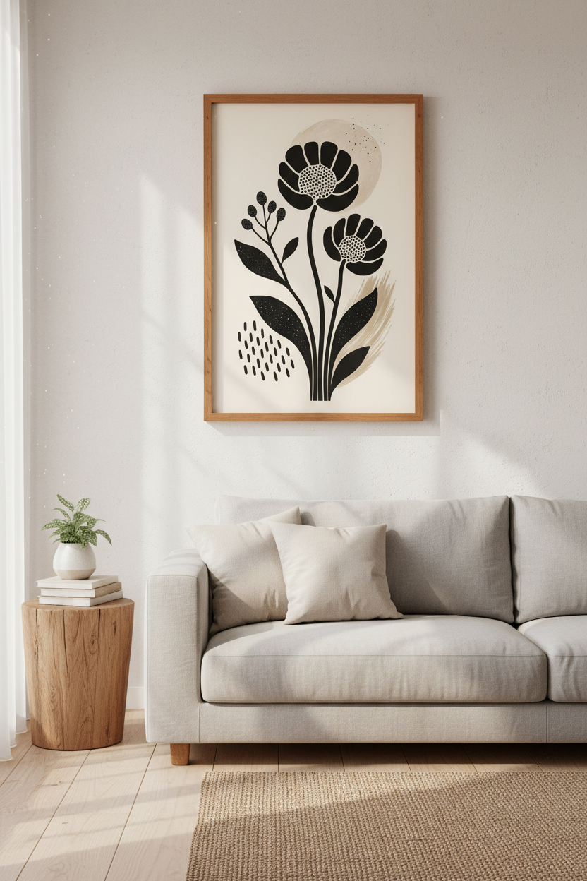 Abstract Botanical Flower Art Print | Neutral Beige & Black Poster | Modern Boho Decor
