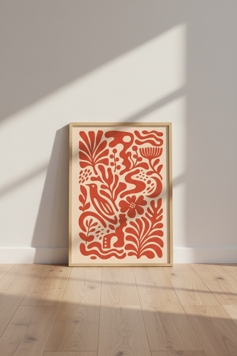 boho wall art print | warm coral tones, living room decor | modern poster
