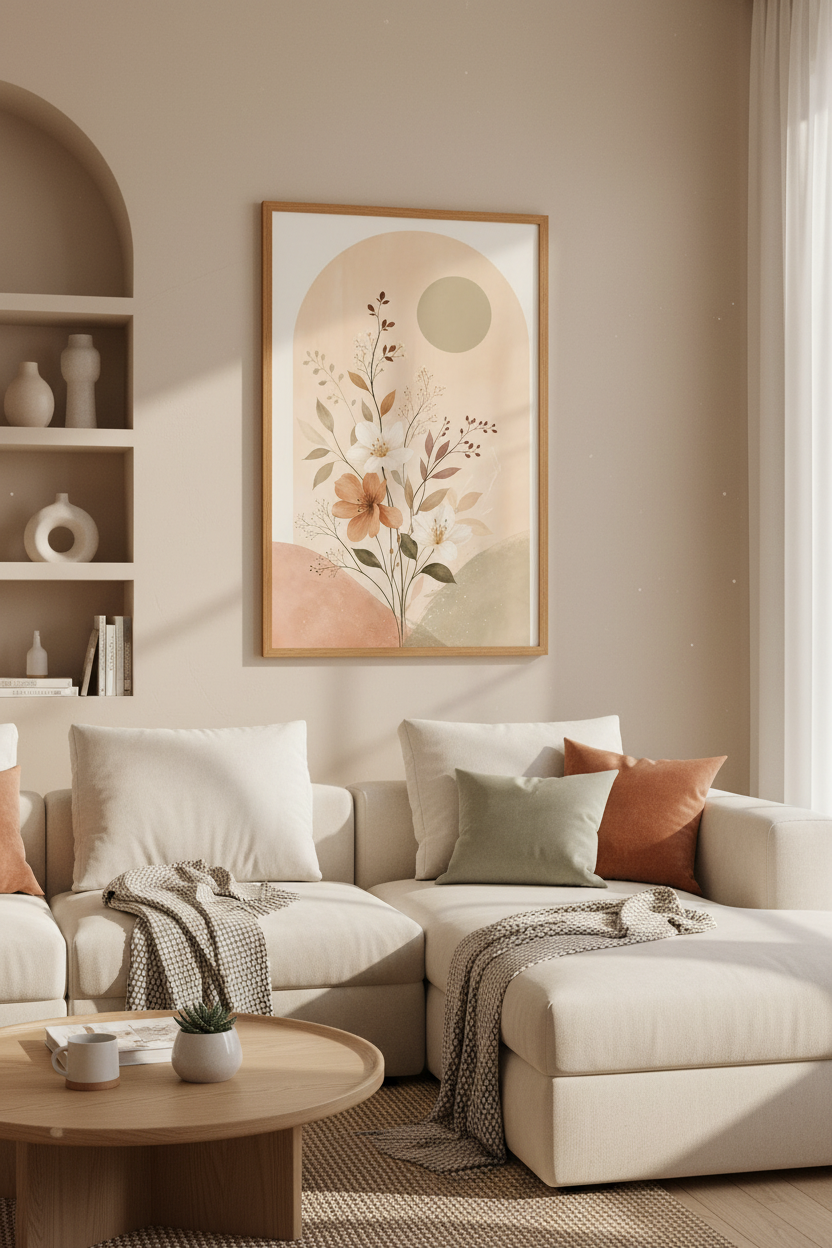 Boho Arch Floral Wall Art | Earthy Botanical Print, Minimalist Living Room Decor