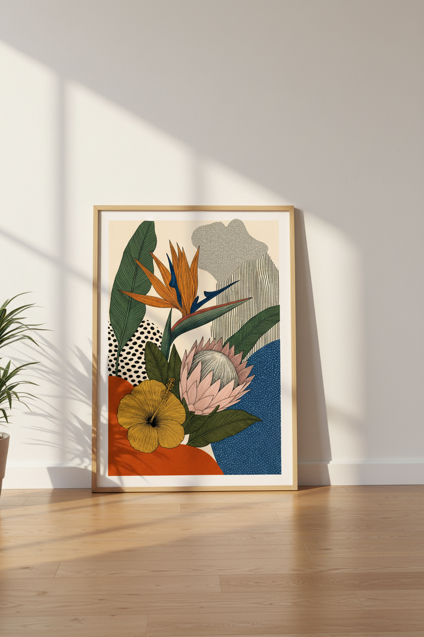 Tropical Floral Abstract Wall Art | Protea & Bird of Paradise Print, Boho Living Room