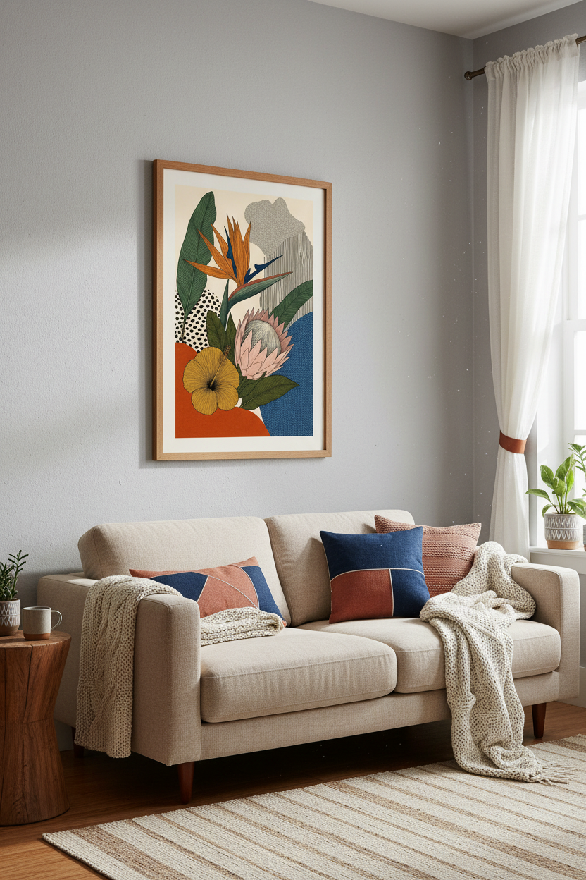 Tropical Floral Abstract Wall Art | Protea & Bird of Paradise Print, Boho Living Room