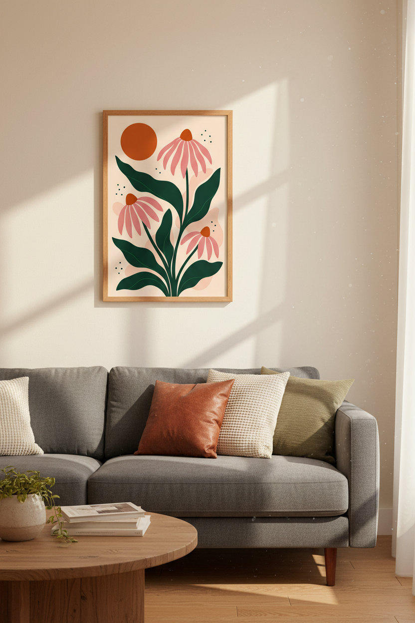 Mid Century Floral Wall Art Print | Terracotta Boho Botanical, Living Room Decor