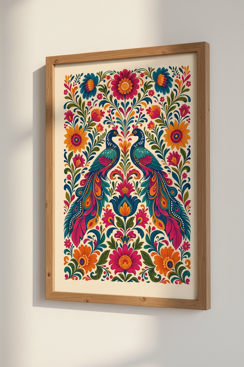 Folk Art Peacock Print | Vibrant Floral Maximalist Decor | Boho Animal Poster
