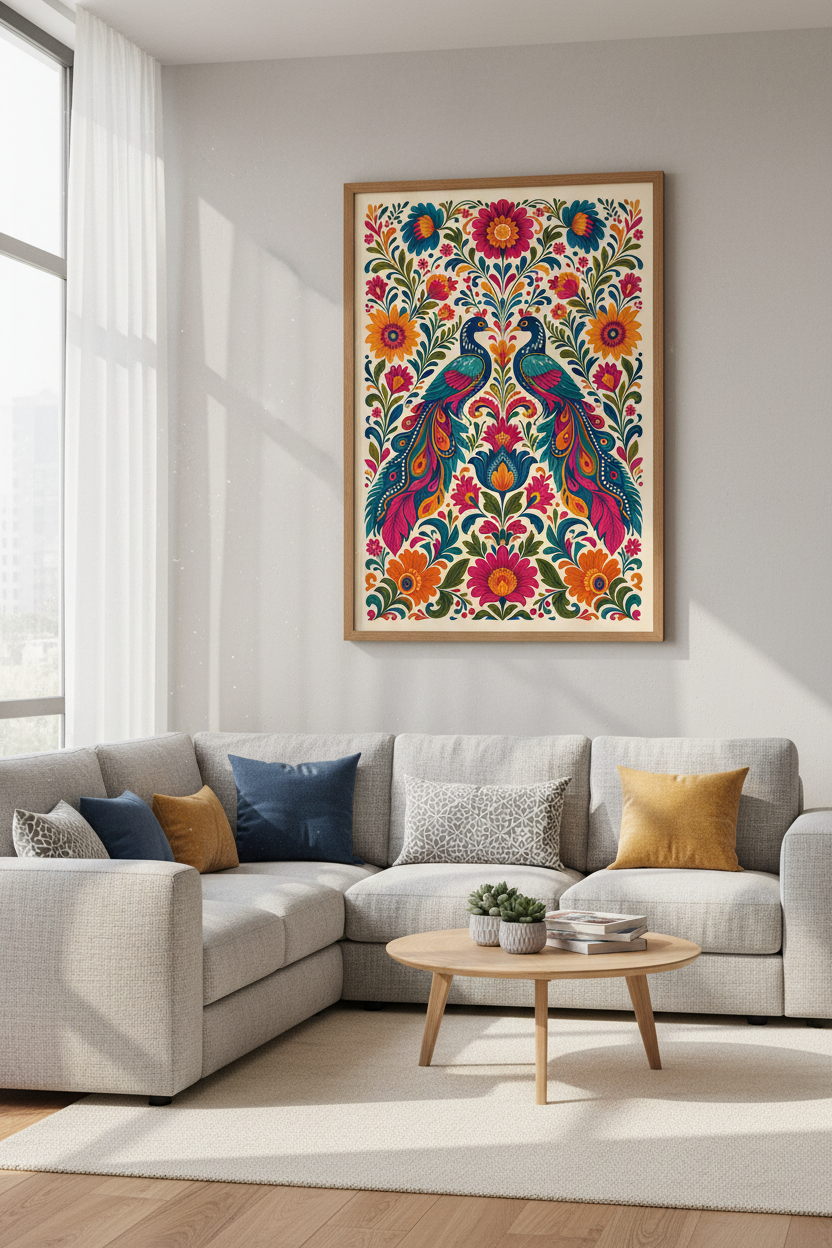 Folk Art Peacock Print | Vibrant Floral Maximalist Decor | Boho Animal Poster