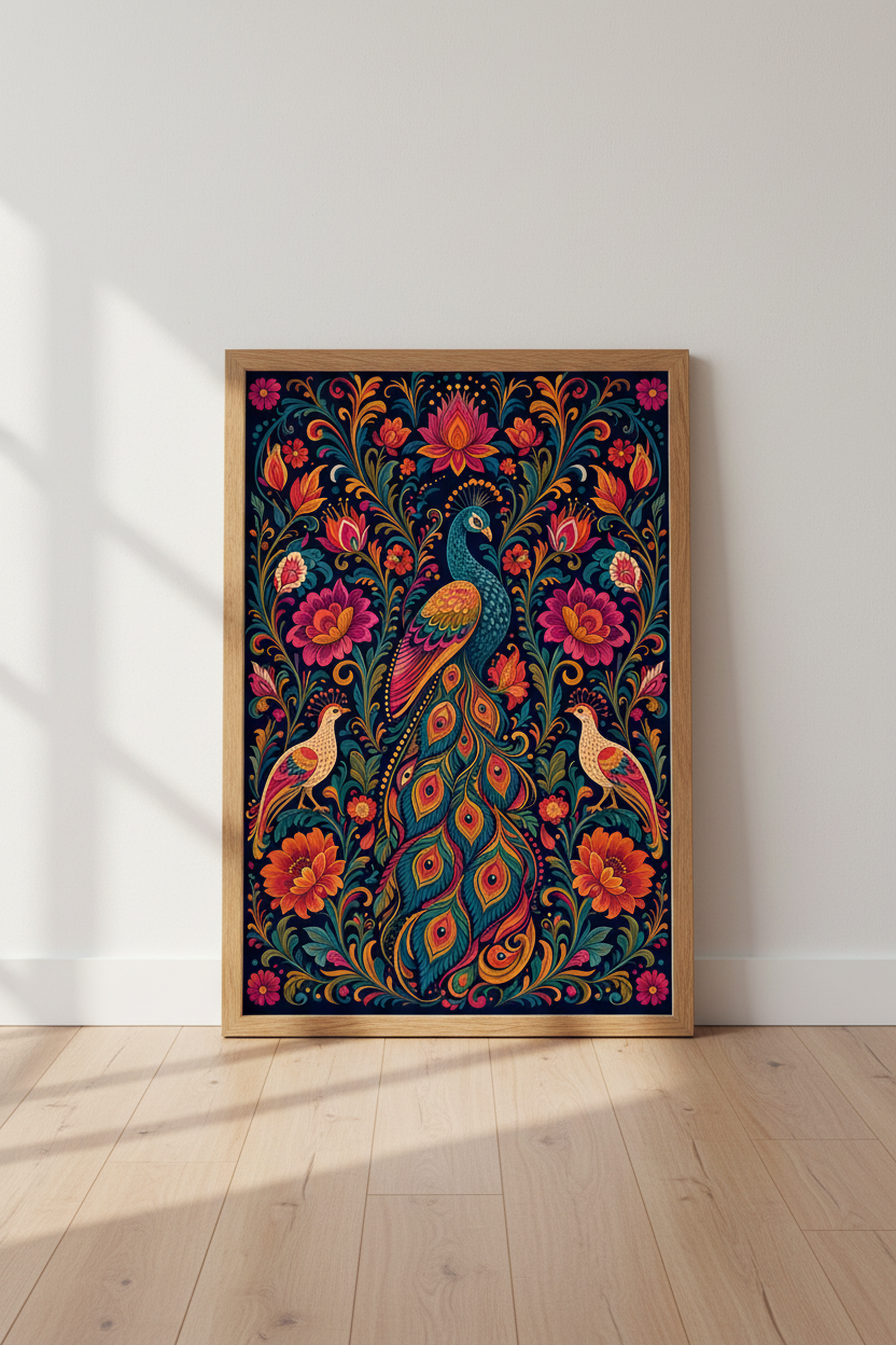 Folk Art Peacock Wall Art | Vibrant Botanical Floral Print, Maximalist Decor