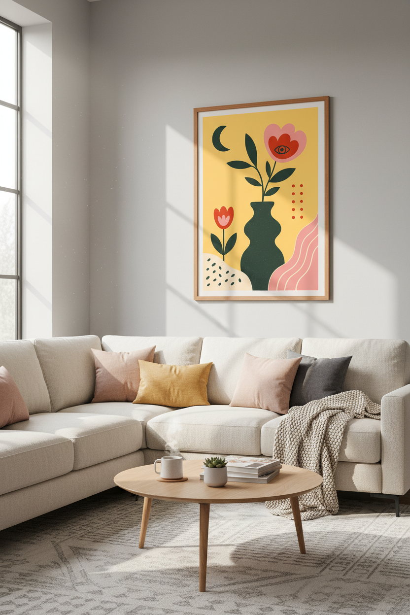 Folk Floral Moon Wall Art Print | Mustard Yellow Boho Decor | Modern Aesthetic Poster