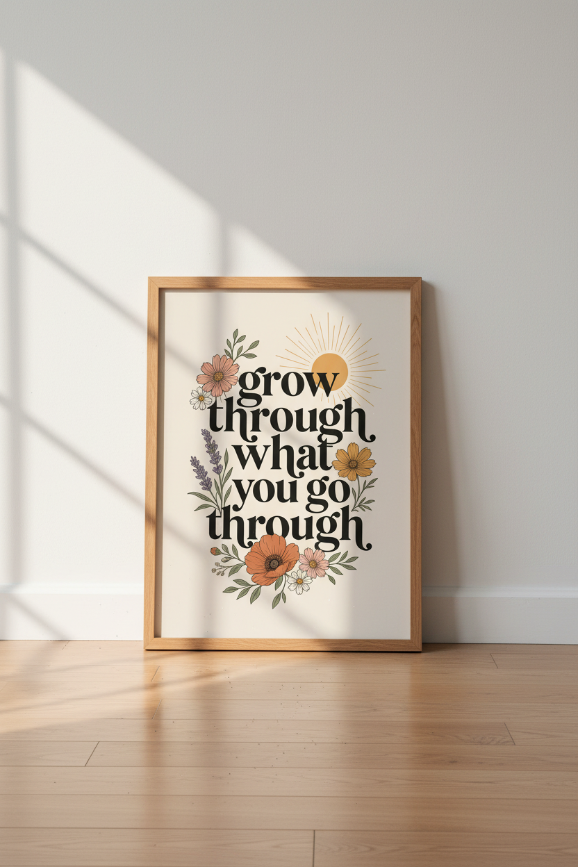 Grow Through Quote Wall Art | Retro Floral Sun Poster, Boho Office Decor