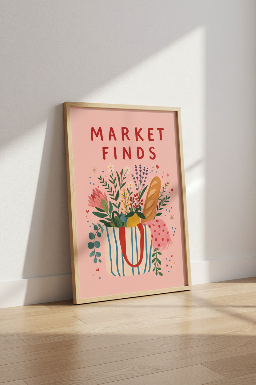 French Kitchen Art Print | Pink Market Finds Poster, Cute Foodie Room Decor