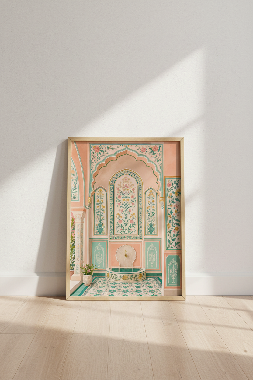 Indian Arch Fountain Art | Peach & Teal Mughal Floral Print, Jaipur Decor