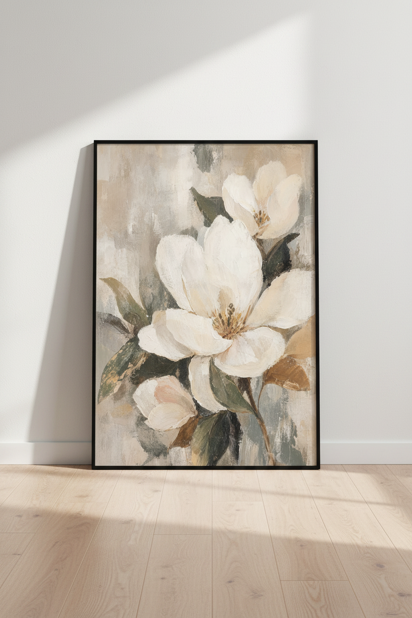 Magnolia Blossom | Abstract Oil Painting Style, Neutral Farmhouse Decor