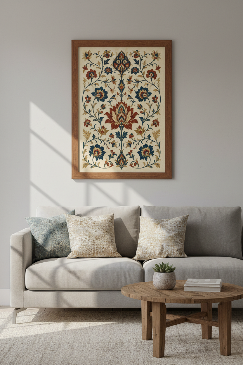 Persian Floral Art | Navy & Terracotta Botanical, Living Room Decor