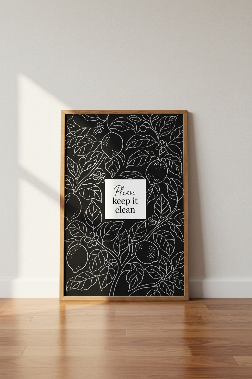 Please Keep It Clean Wall Art | Botanical Lemon Kitchen Decor | Chalkboard Poster
