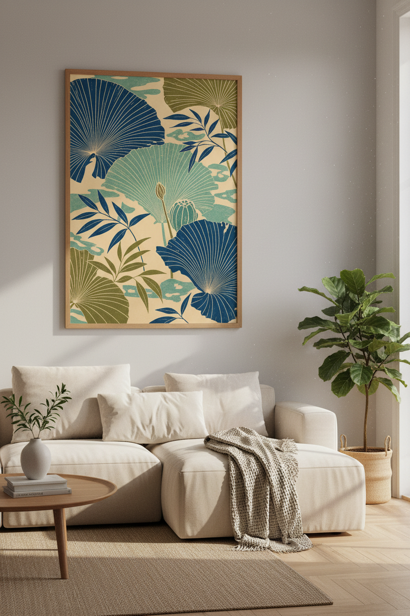 Japanese Lotus Leaf Botanical Wall Art | Blue Green Floral Decor | Japandi Poster