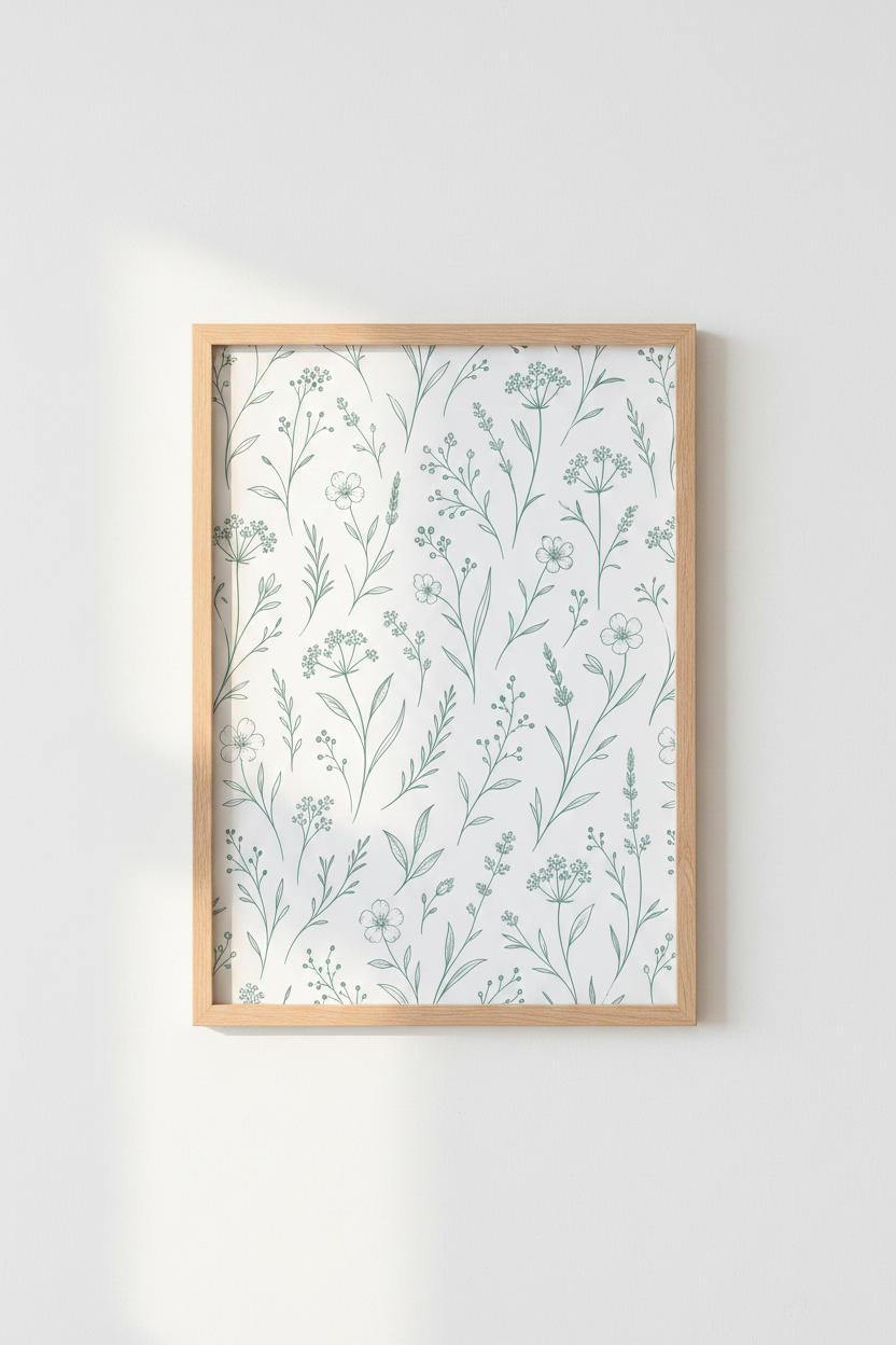 Wildflower Botanical Wall Art | Sage Green Floral Sketch, Nursery Decor