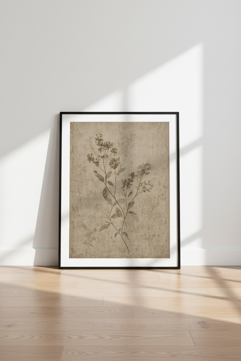 Vintage Botanical Wildflower Print | Rustic Beige Linen Poster, Farmhouse Wall Art