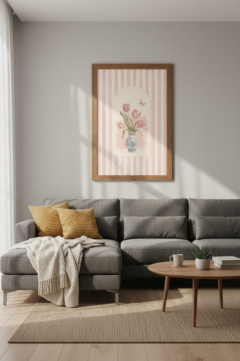 Pink Tulips Chinoiserie Wall Art Print | Bedroom Decor | Grandmillennial Poster