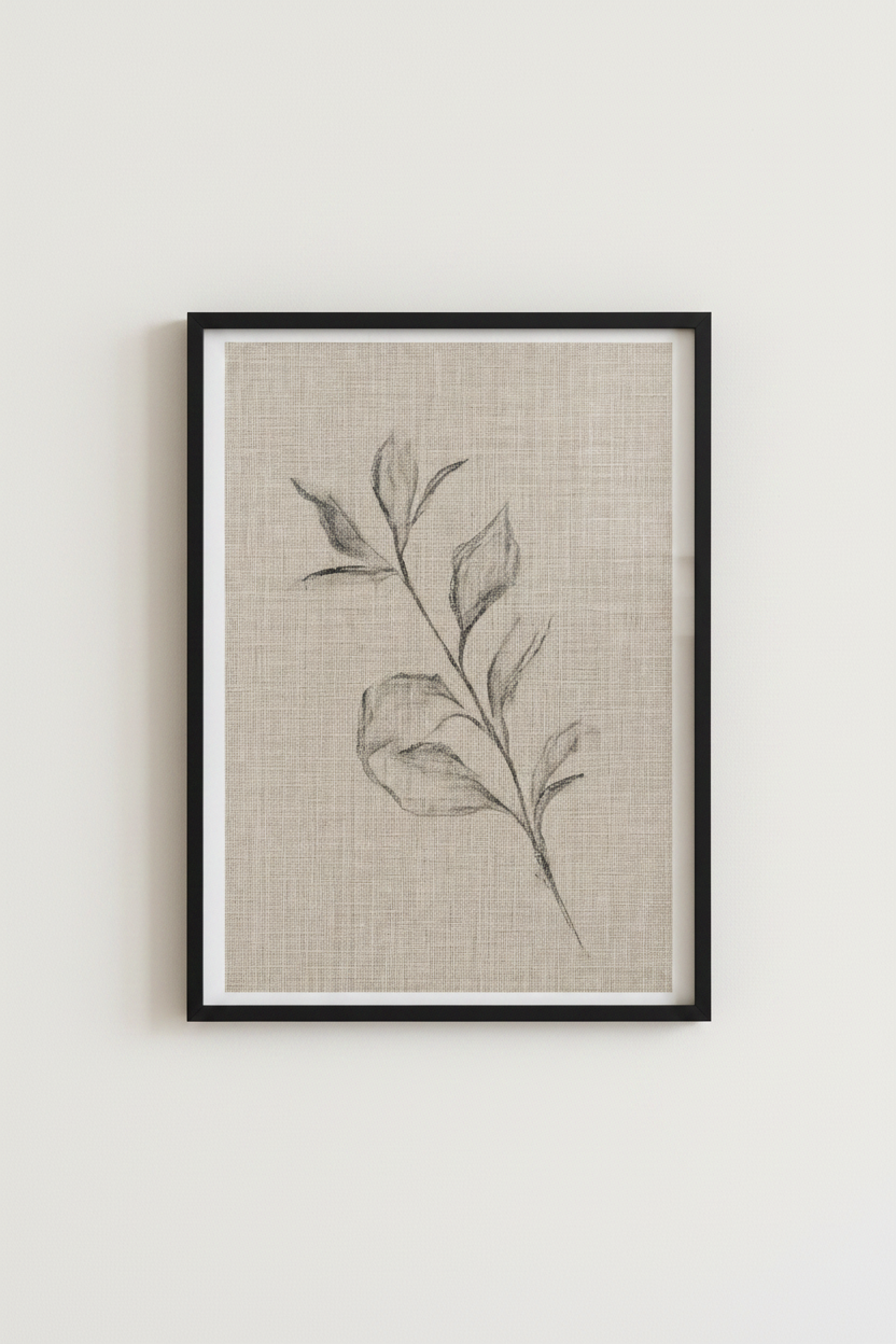 Minimalist Leaf Sketch Wall Art | Neutral Charcoal Botanical, Modern Farmhouse Poster