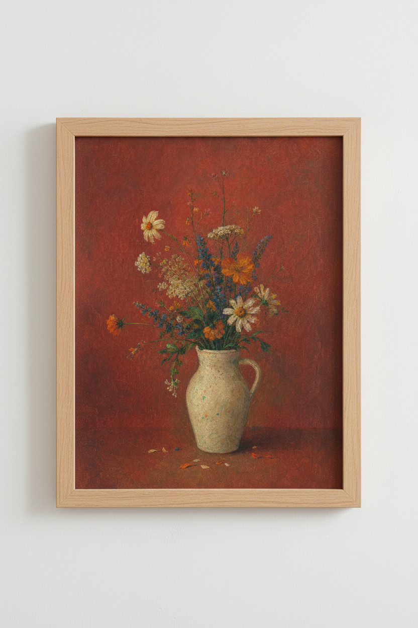 Floral still life print | Impressionist vase art, red backdrop decor