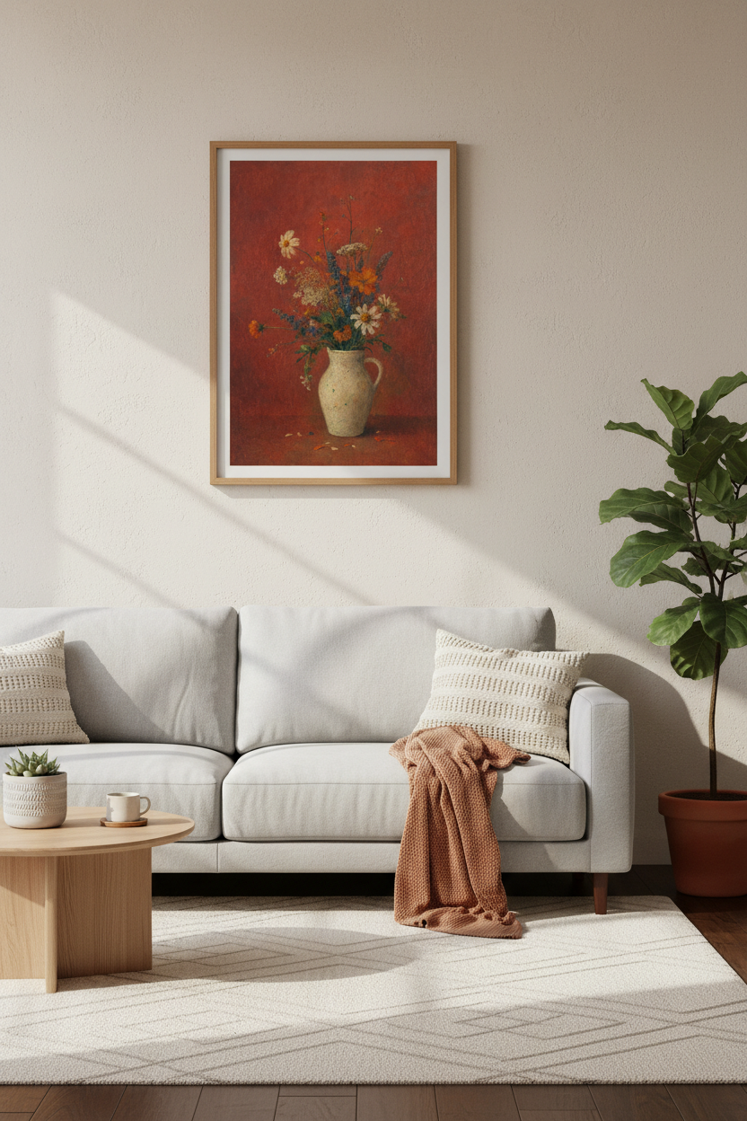 Floral still life print | Impressionist vase art, red backdrop decor