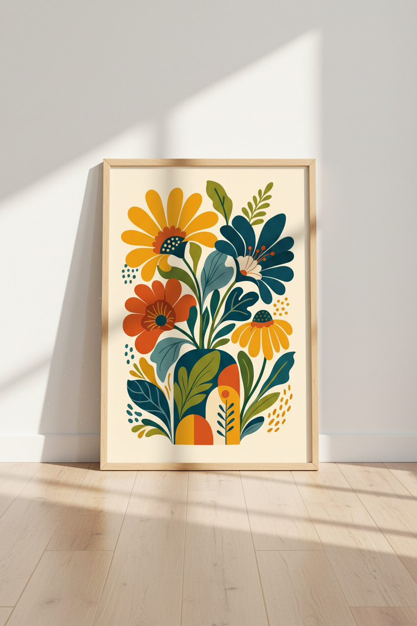 Mid Century Modern Floral Wall Art | Retro Botanical Print, Boho Living Room Decor