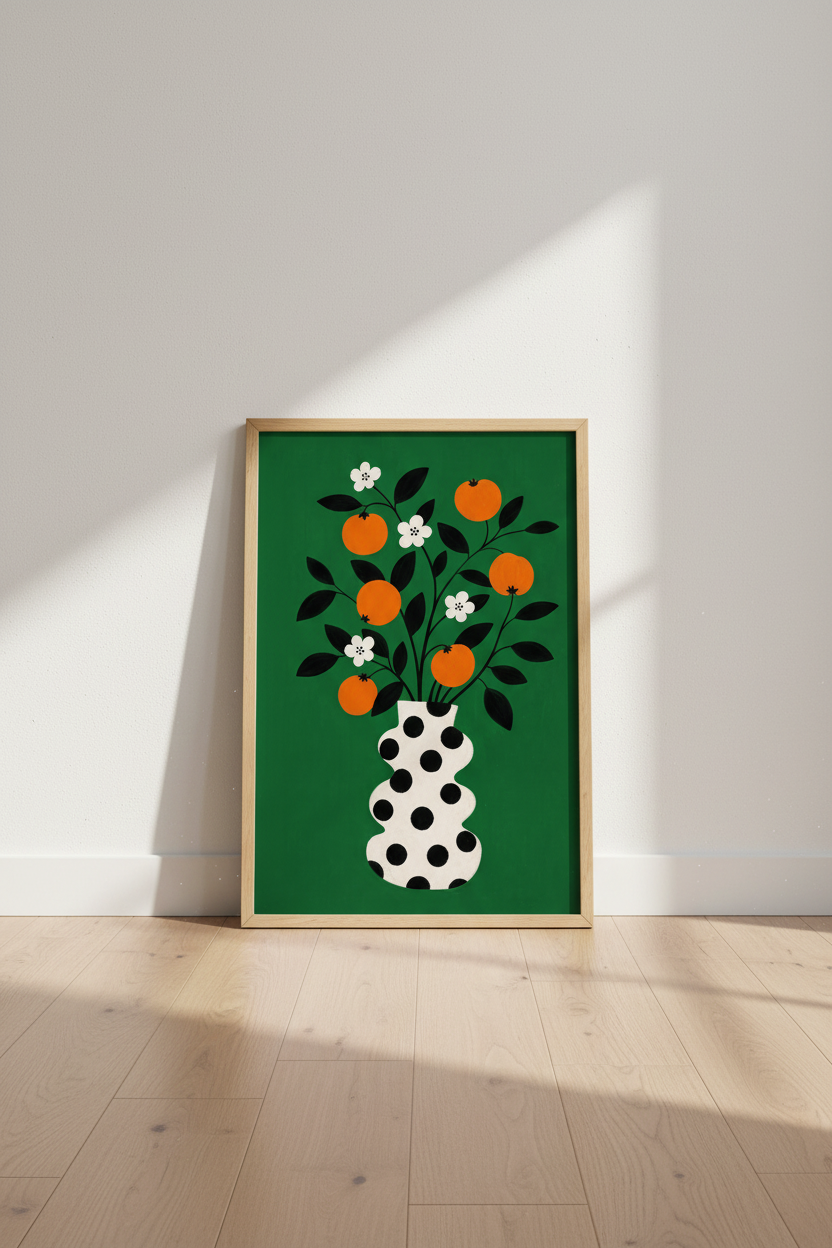 Bold Botanical Print | Green Vase Art, Orange & Black | Living Room Decor