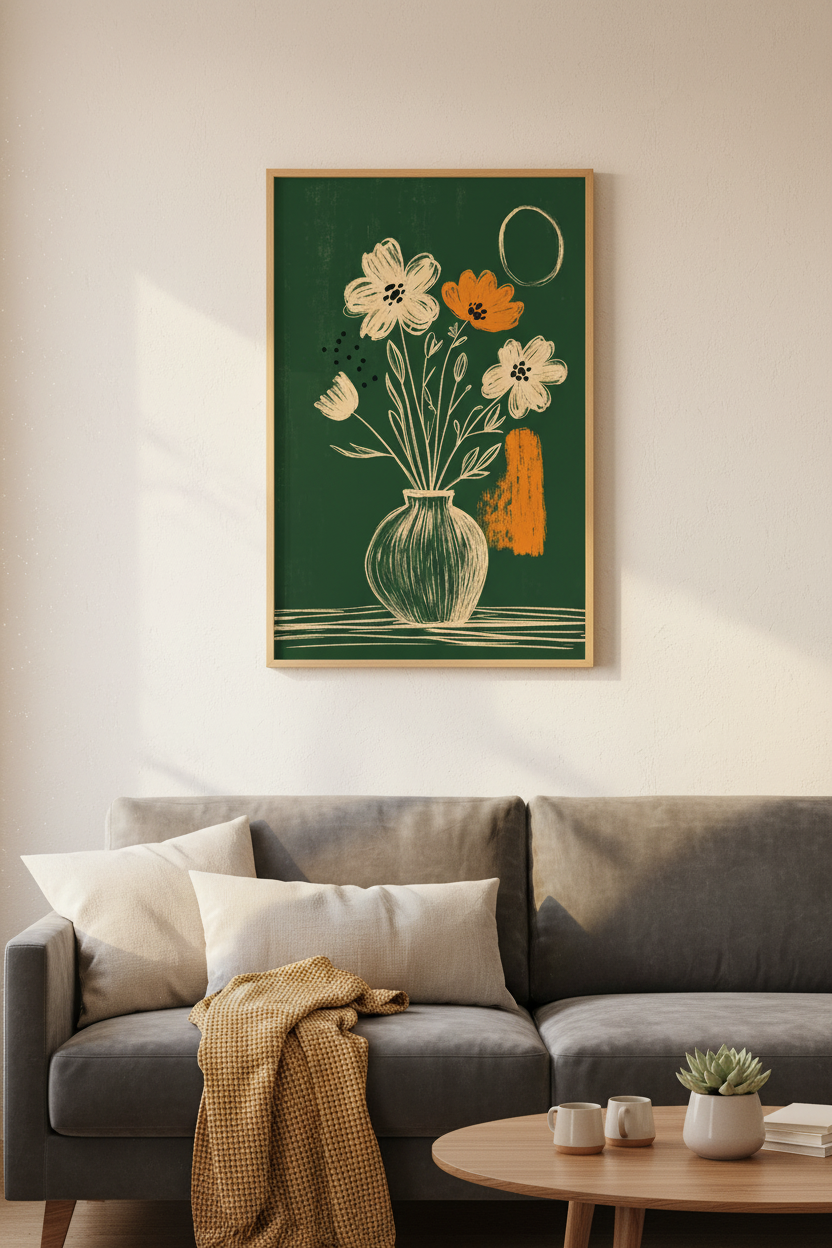 Boho Floral Bouquet Wall Art | Emerald Green Still Life, Living Room Decor