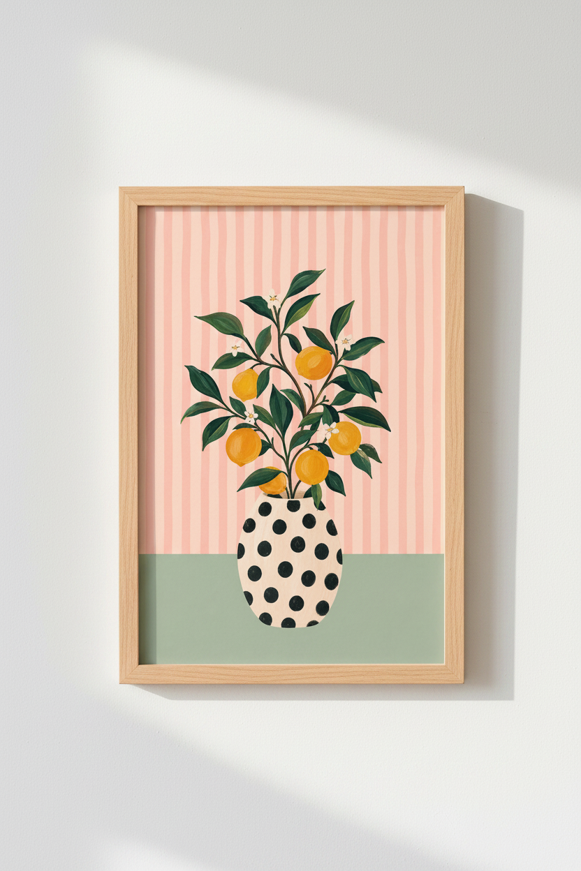Citrus Fruit Wall Art Print | Pink Striped Lemon Tree Poster, Modern Kitchen Decor