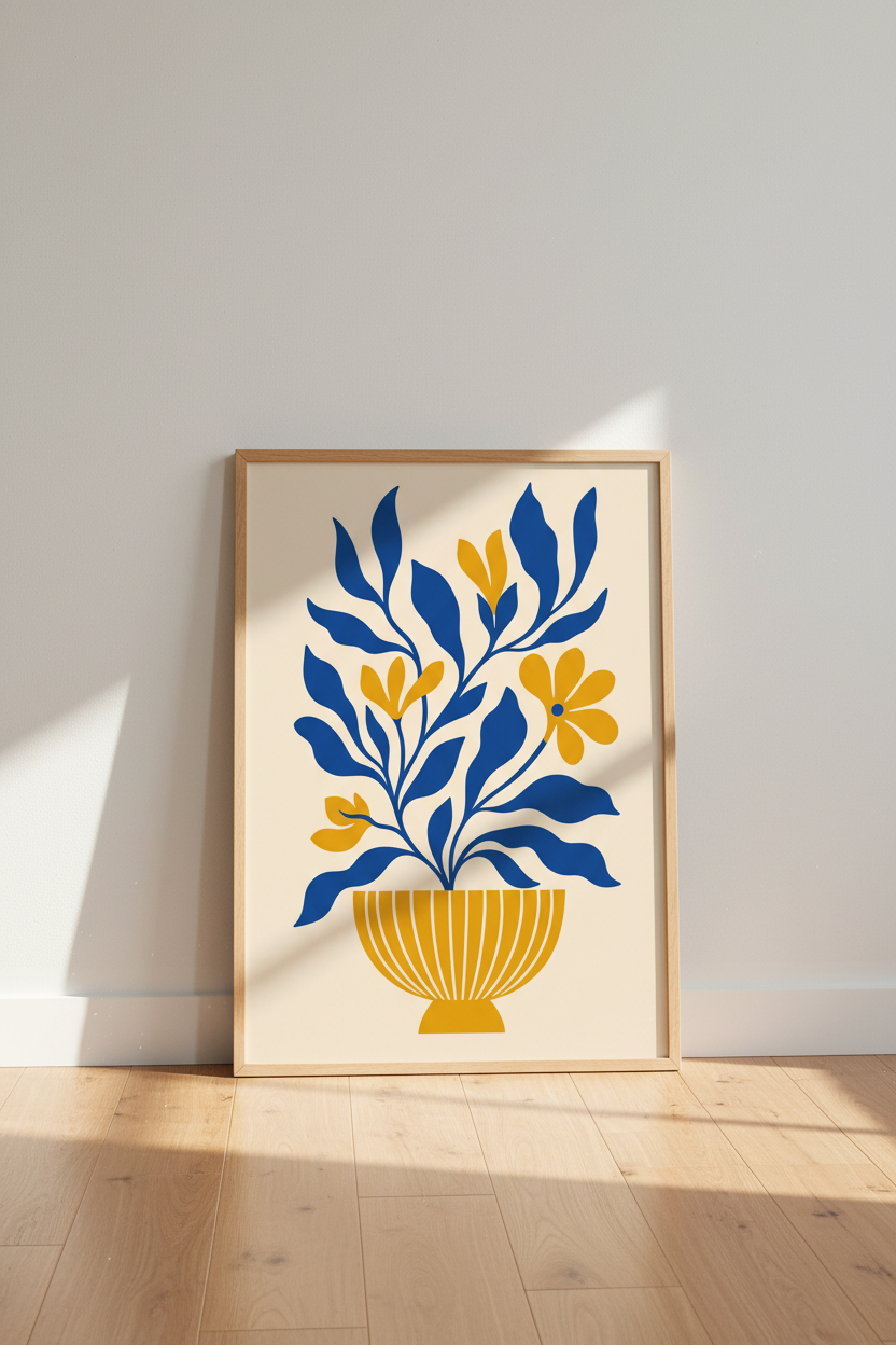 Bold Botanical Art | Abstract Blue Gold Vase Decor | Living Room Poster