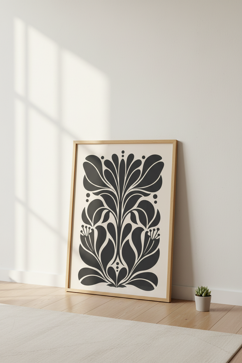 Botanical Poster | Minimalist Black Silhouette on Beige Backdrop | Living Room Decor