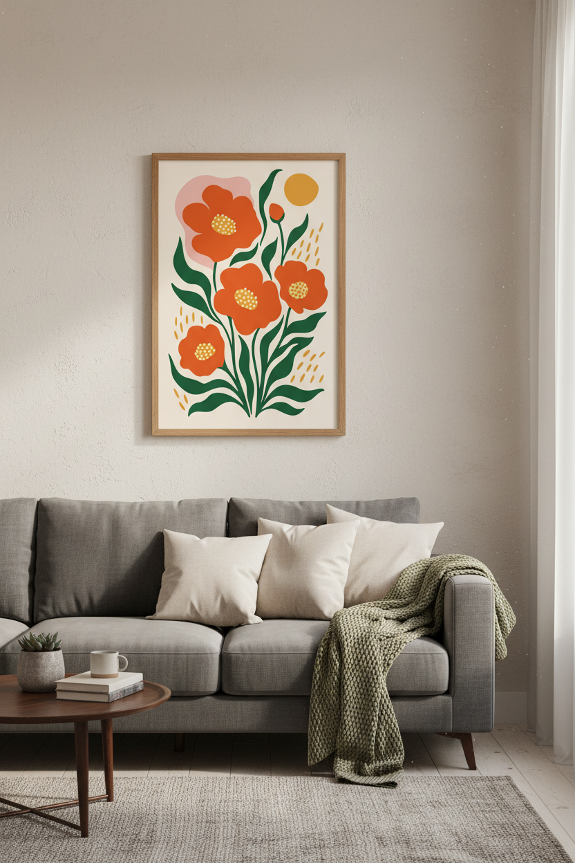Abstract Orange Floral Wall Art Print | Mid-Century Modern Decor | Boho Flower Poster