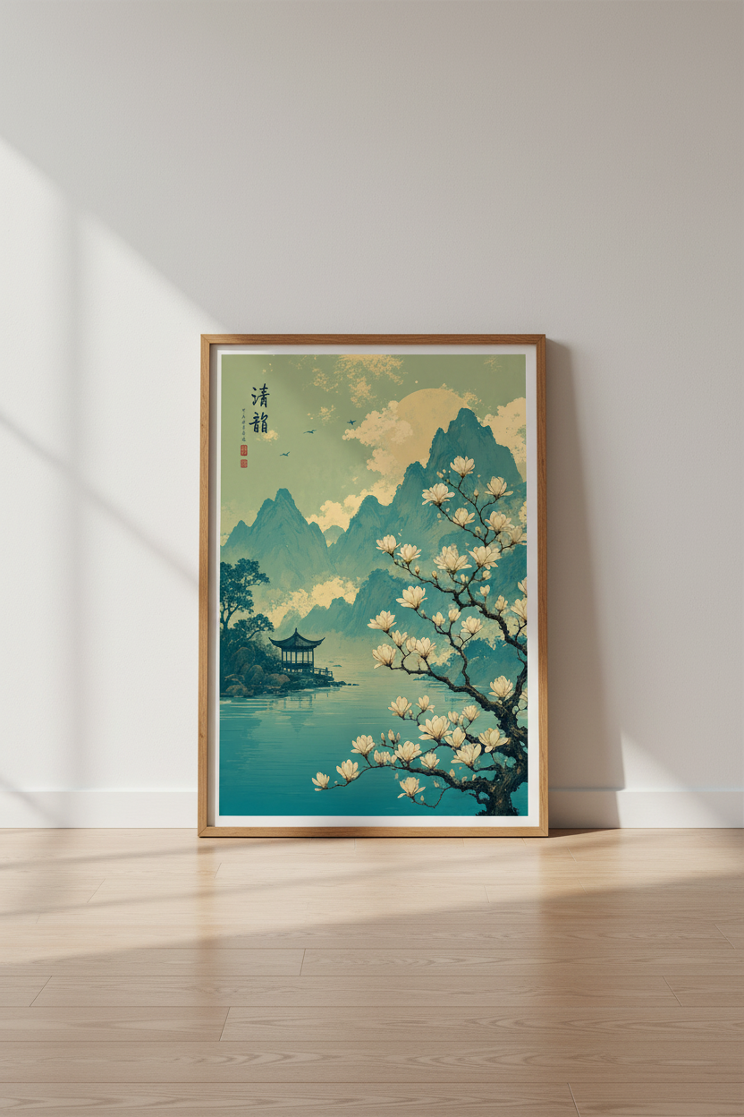 Japanese Landscape Wall Art | Teal Mountain & Magnolia Print, Zen Home Decor