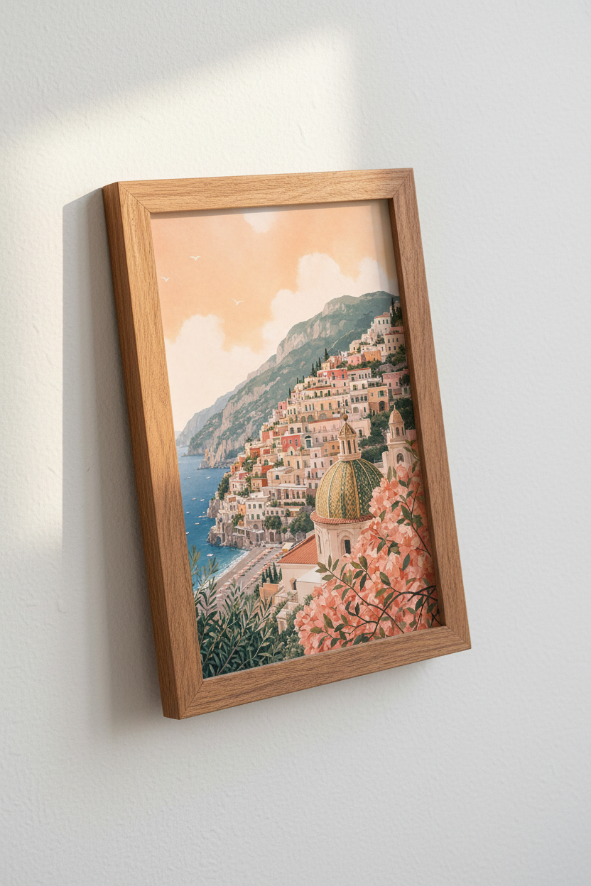 Amalfi Coast Positano Landscape Art | Mediterranean Pastel Decor, Coastal Travel Poster