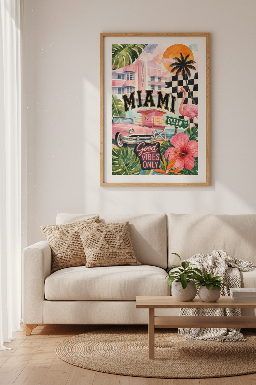 Miami Beach Wall Art Print | Retro Art Deco Decor | Tropical Aesthetic Poster