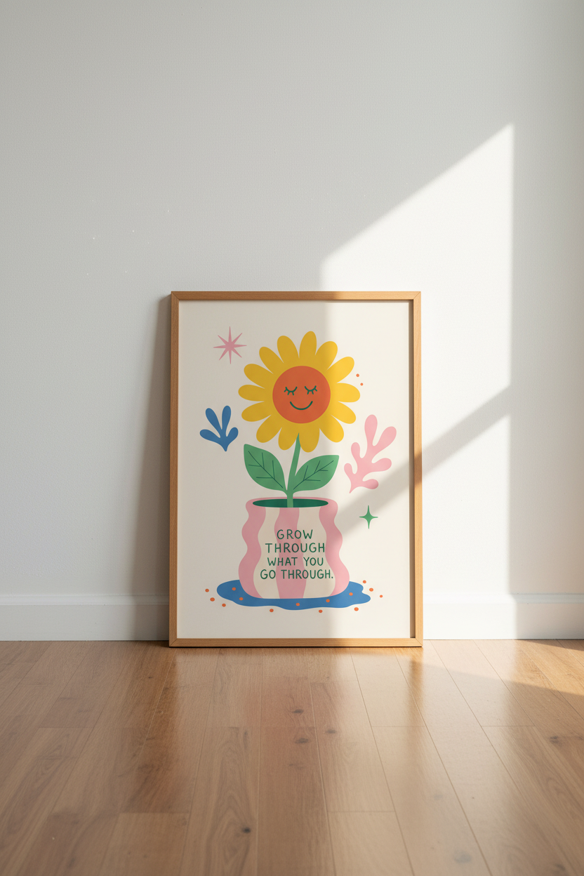 Smiling Flower Wall Art | Positive Quote Pastel Poster, Colorful Home Decor