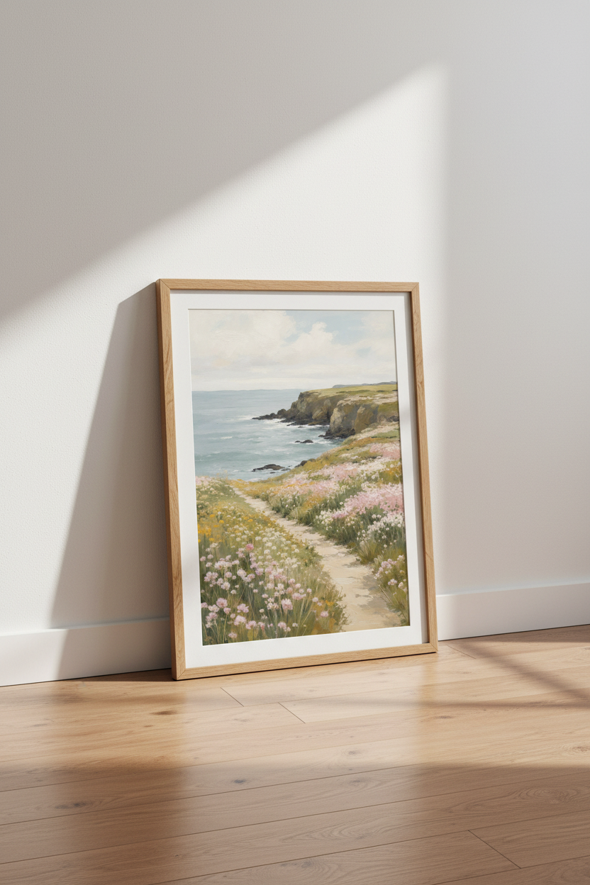 Coastal Landscape Print | Wildflower Ocean Path Poster, Beach House Wall Art