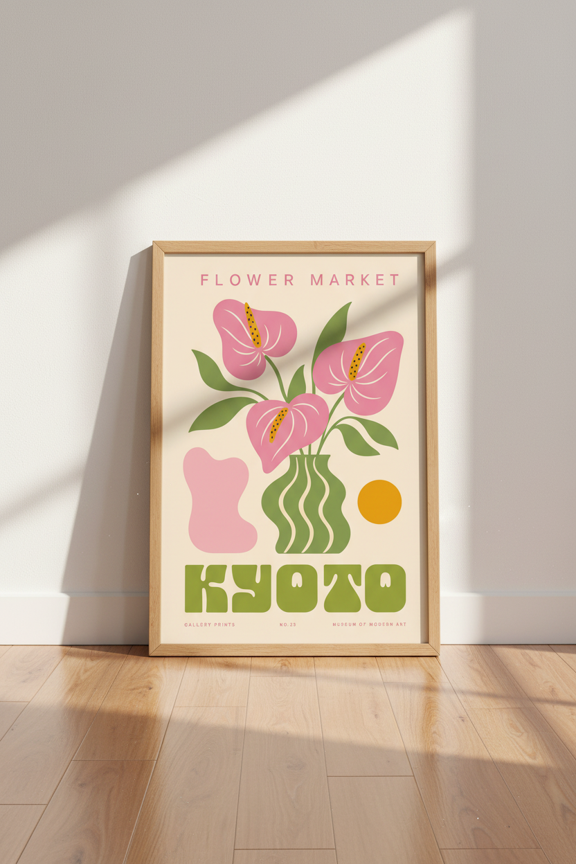 Kyoto Flower Market Print | Pink Floral Modern Art, Retro Aesthetic Wall Decor