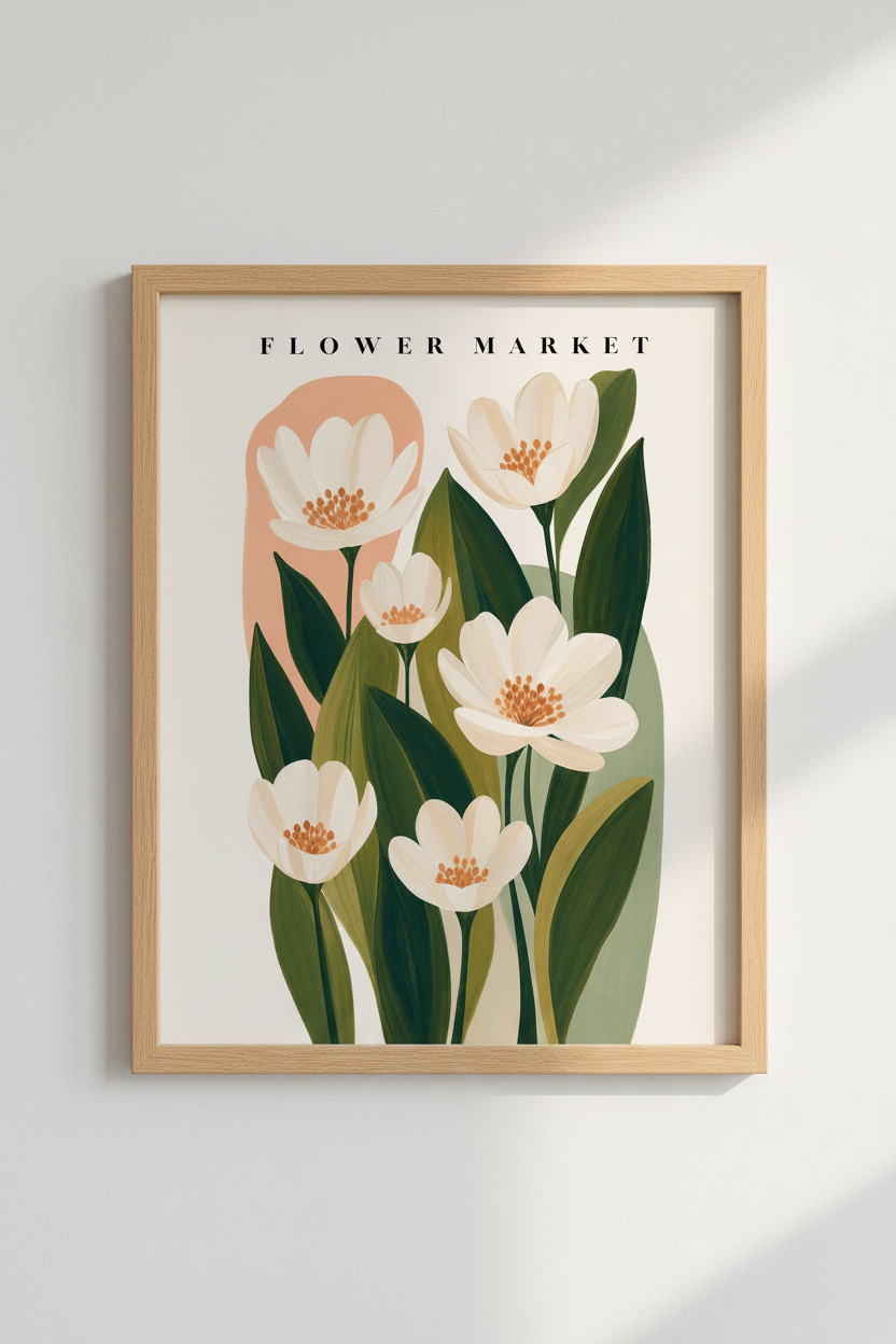 Flower Market Art Print | Botanical Floral Poster, Pastel Boho Living Room Decor