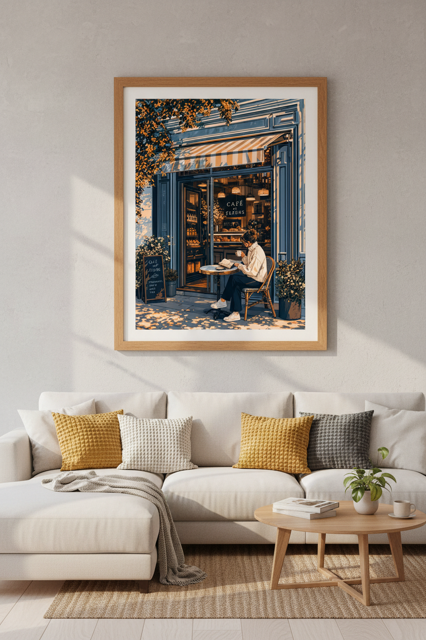 French Cafe Terrace Wall Art | Cozy Parisian Bakery Print | Aesthetic Lofi Poster