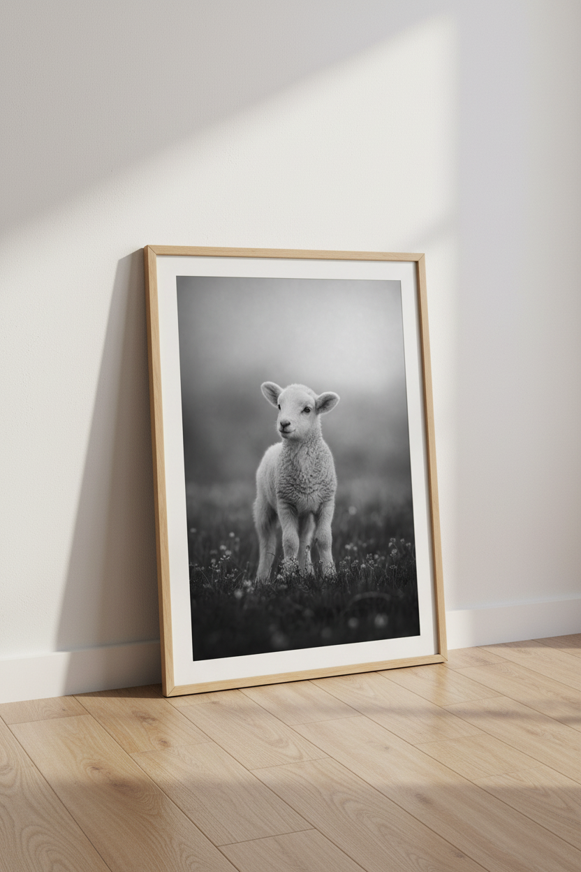 Lamb Nursery Wall Art Print | Black and White Animal Photography, Farmhouse Poster