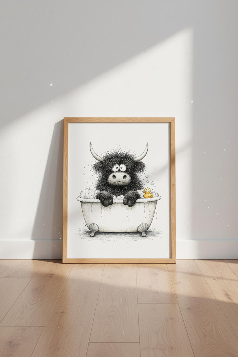 Highland Cow Bathtub Wall Art | Funny Animal Bathroom Decor | Whimsical Sketch Print