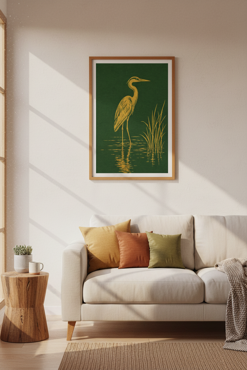 Gold Heron Bird Wall Art | Forest Green Coastal Print, Living Room Decor