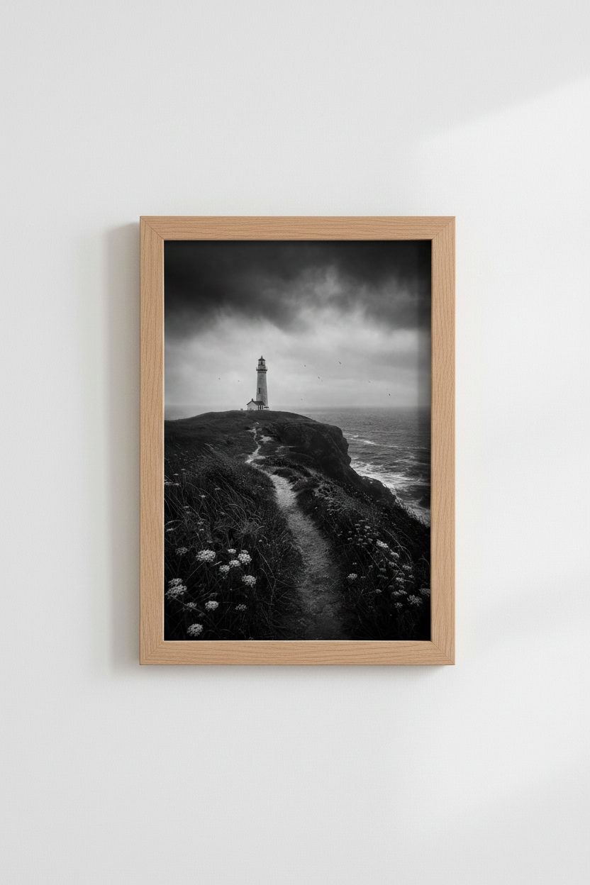 Coastal Lighthouse Print | Moody Black and White Photography, Nautical Wall Decor
