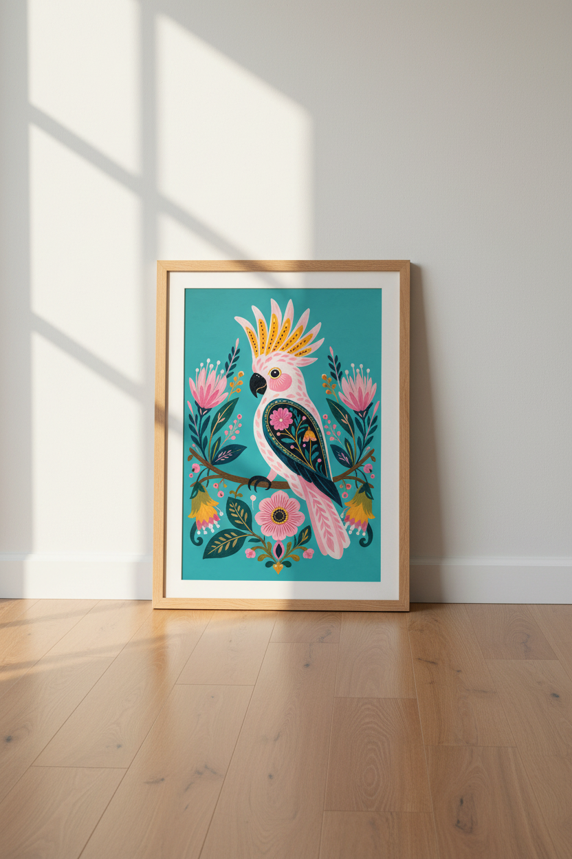 Pink Cockatoo Bird Wall Art | Teal Folk Art Floral Poster | Tropical Boho Decor